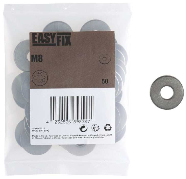 Easyfix A2 Stainless Steel Washers M8 x 1.4mm 50 Pack