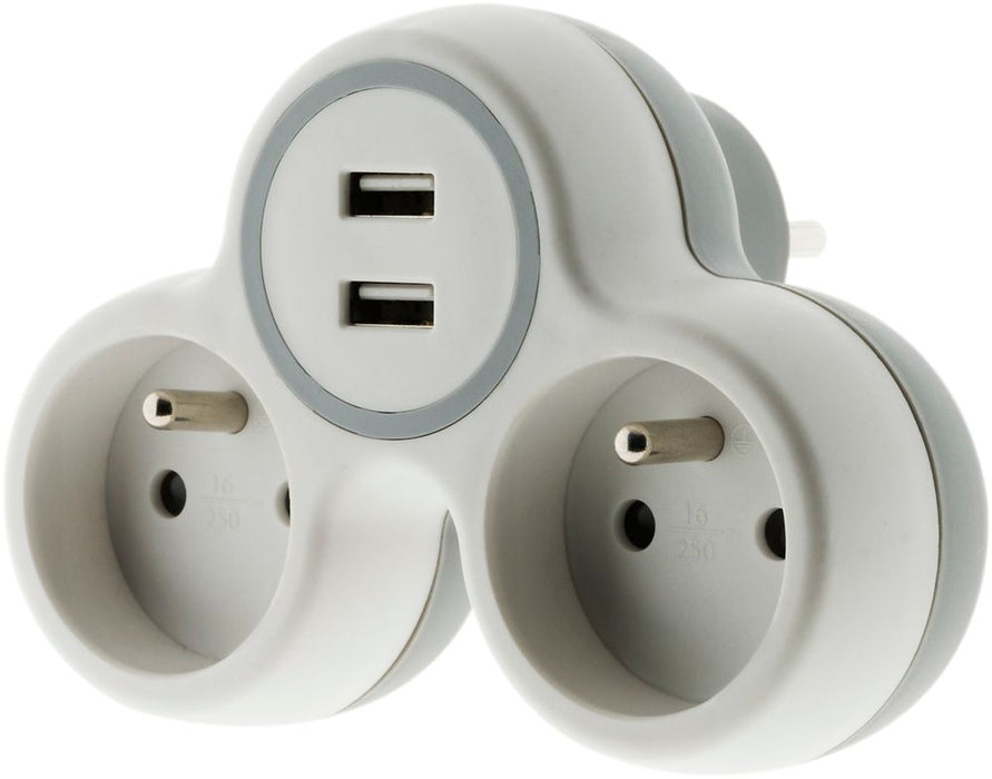16A Unfused 2-Way Power Strip + USB + 16A 2-Outlet Type A USB Charger White