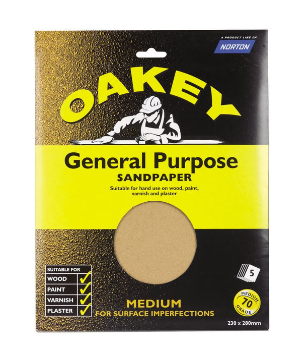 Oakey   Glass Paper Unpunched 280 x 230mm 70 Grit 5 Pack