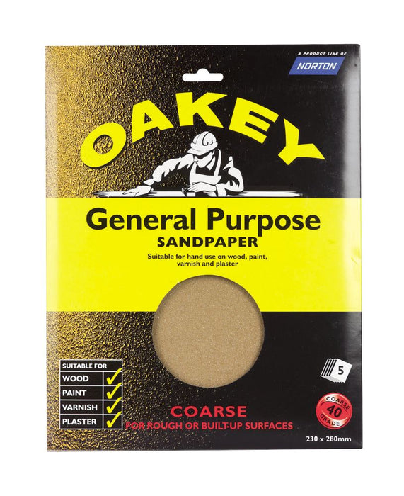 Oakey   Glass Paper Unpunched 280 x 230mm 40 Grit 5 Pack