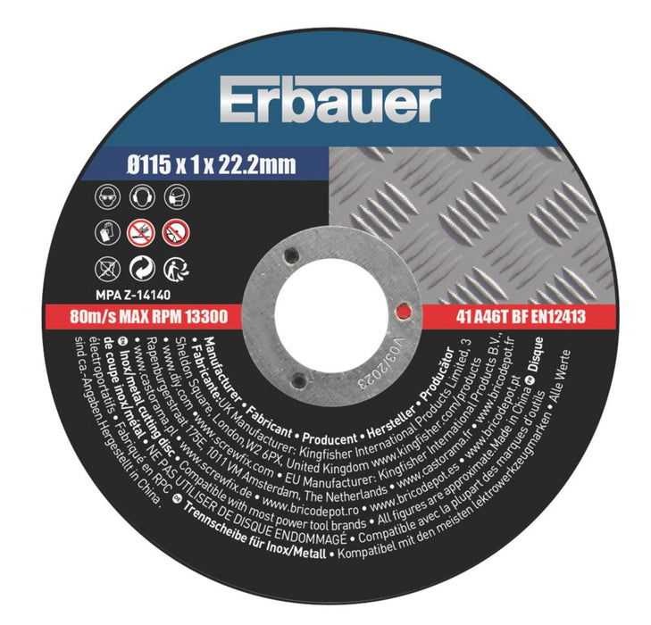 Erbauer, discos de corte para acero inoxidable de 4 1/2" (115 mm) x 1 x 22,2 mm, pack de 10