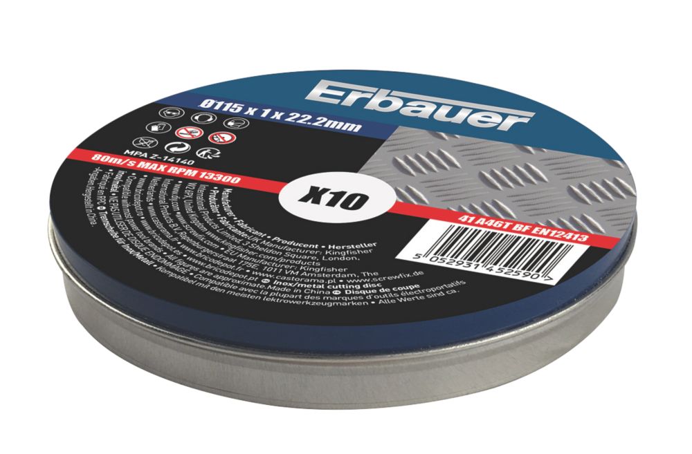 Erbauer, discos de corte para acero inoxidable de 4 1/2" (115 mm) x 1 x 22,2 mm, pack de 10