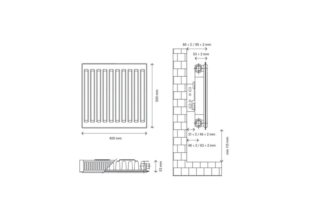 Radiateur eau chaude à simple panneau Flomasta type 11 500 x 400mm blanc