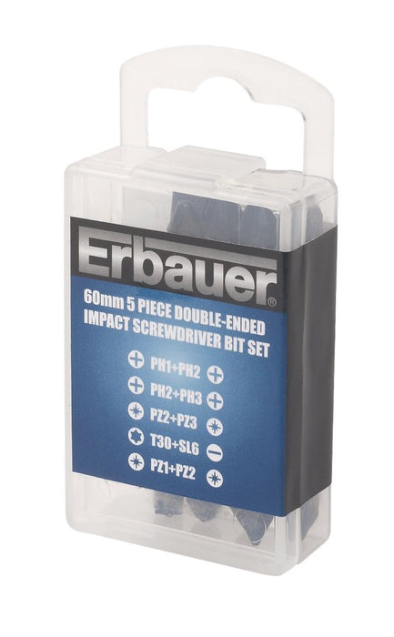 Erbauer, puntas para destornillador de impacto de doble extremo variadas con vástago hexagonal de 1/4", juego de 5 piezas