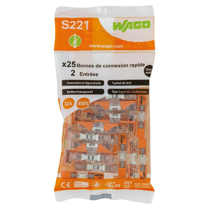 Wago - Pack de 25 conectores de palanca S221, 2 polos, 32 A
