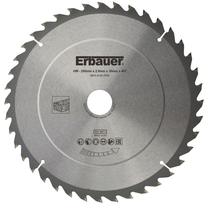 Erbauer, hoja de sierra TCT para madera de 250 x 30 mm 40T