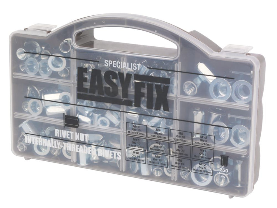 Práctico pack de tuercas para remachar mixtas de latón Easyfix, 250 piezas