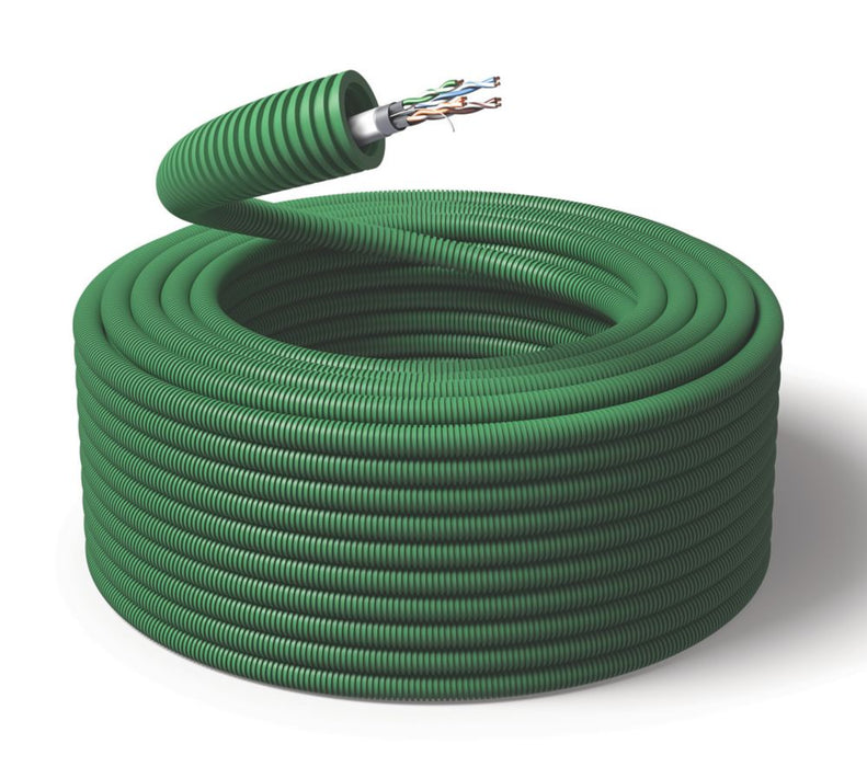 Rura elektroinstalacyjna elastyczna zielona do przewodów telekomunikacyjnych 20 mm x 100 m z fabrycznie podłączonymi przewodami
