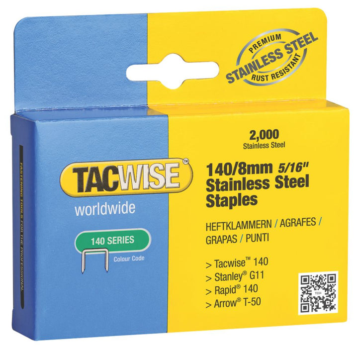 Lot de 2 000 agrafes Tacwise type 140 (T50, G11) à usage intensif en acier inoxydable 8 x 10,6mm