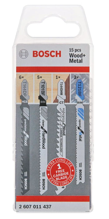 Zestaw brzeszczotów do wyrzynarek Bosch 2.607.011.437 do różnych materiałów, w tym drewna i metalu (15 szt.)