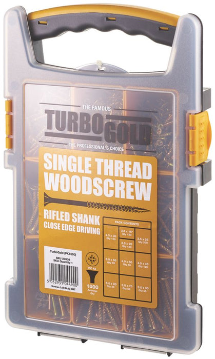 Pack con asa profesional de tornillos con cabeza PZ de doble avellanado TurboGold para madera, 1000 unidades