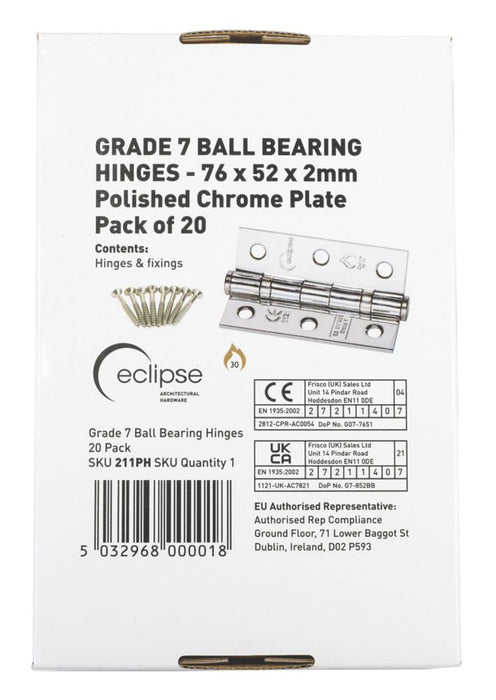 Eclipse Polished Chrome Grade 7 Fire Door Ball Bearing Hinges 76mm x 51mm 20 Pack