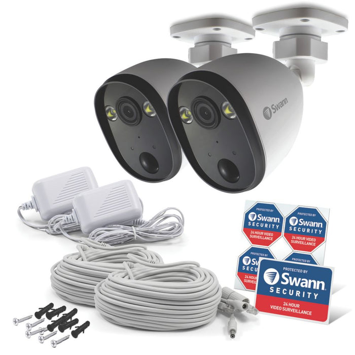 Swann - Pack de 2 cámaras con foco Wi-Fi para exterior de color blanco conectada por cable de resolución 1080p SWIFI-SPOTCAMPK2-EU con sensor PIR