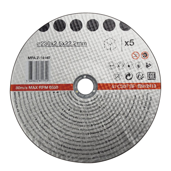 Discos de corte para metal/mampostería, 9" (230 mm) × 2,5 × 22,2 mm, pack de 5