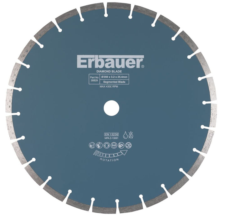 Disque de coupe diamant segmenté pour maçonnerie/pierre Erbauer 350 x 25,4mm 