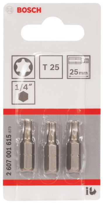 Bosch, puntas para destornillador TX25 con vástago hexagonal de 1/4" de 25 mm, pack de 3