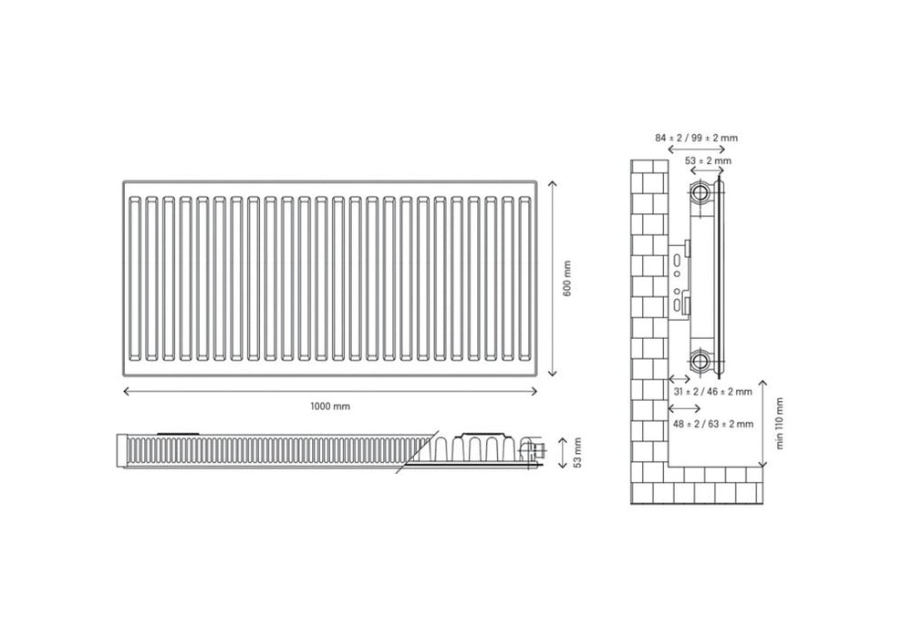 Grzejnik konwektorowy typu 11 jednopłytowy z pojedynczym ożebrowaniem Flomasta 600 x 1000 mm biały 3244 BTU