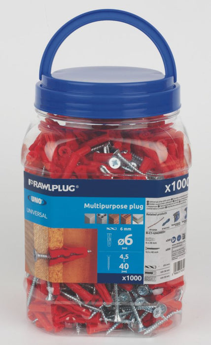 Tacos de plástico Rawlplug Uno y tornillos, 6 mm x 40 mm, pack de 500