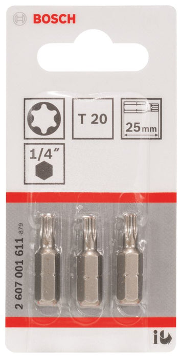 Bosch, puntas para destornillador TX20 con vástago hexagonal de 1/4" de 25 mm, pack de 3