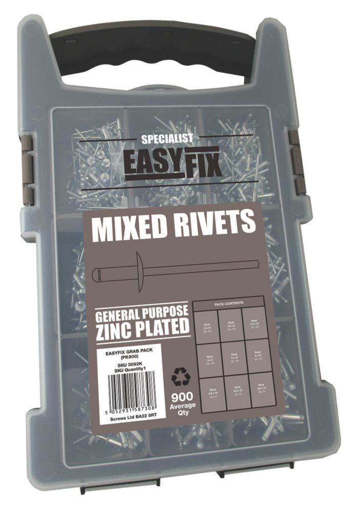 Easyfix BZP Mixed Rivets Pack 900 Pcs — Screwfix EU