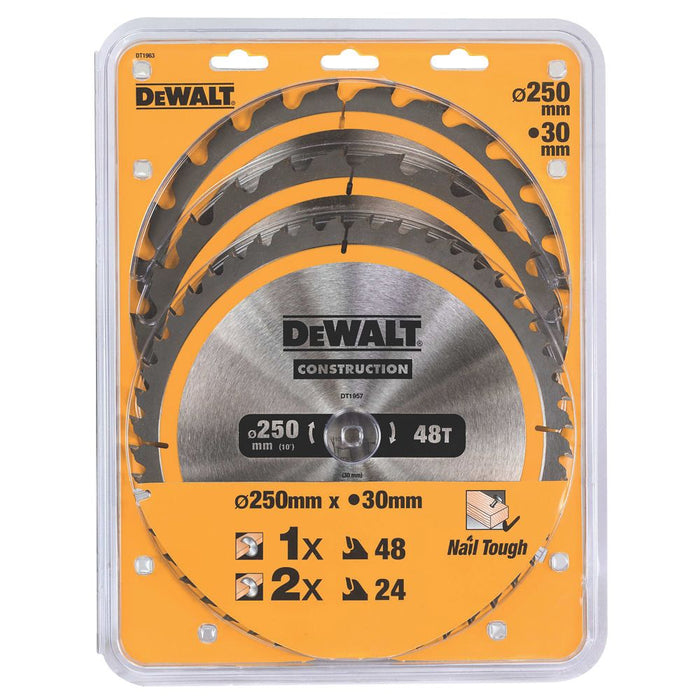 DeWalt, juego de hojas de sierra circular para madera/plástico de 250 x 30 mm 24/48T, pack de 3
