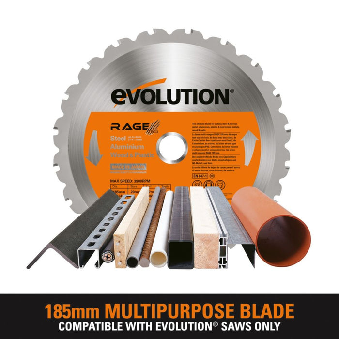 Evolution, hoja de sierra circular para madera, metal y plástico de 185 x 20 mm 20T