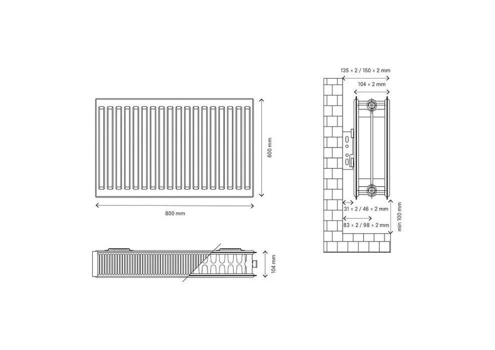 Radiateur eau chaude à double panneau Flomasta type 22 600 x 800mm blanc