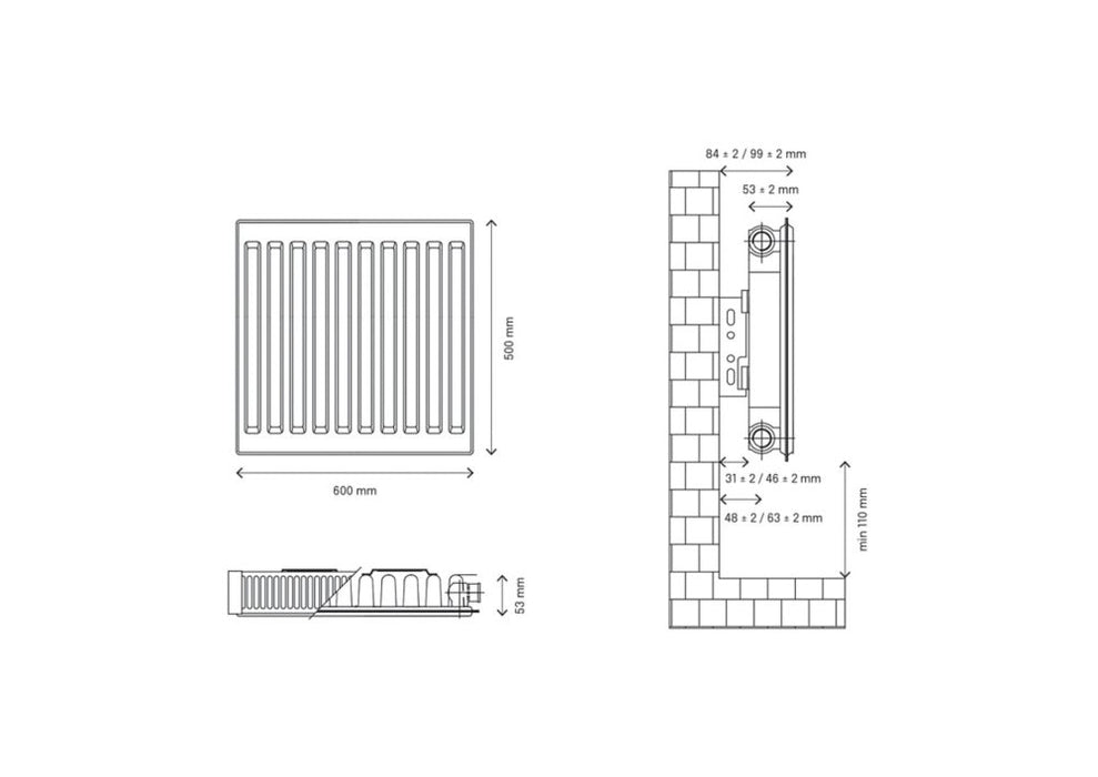 Flomasta  Type 11 Single-Panel Single Convector Radiator 500 x 600mm White 1664BTU