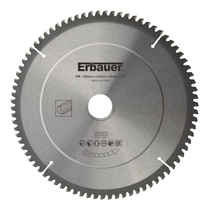 Erbauer, hoja de sierra TCT para aluminio de 250 x 30 mm 80T
