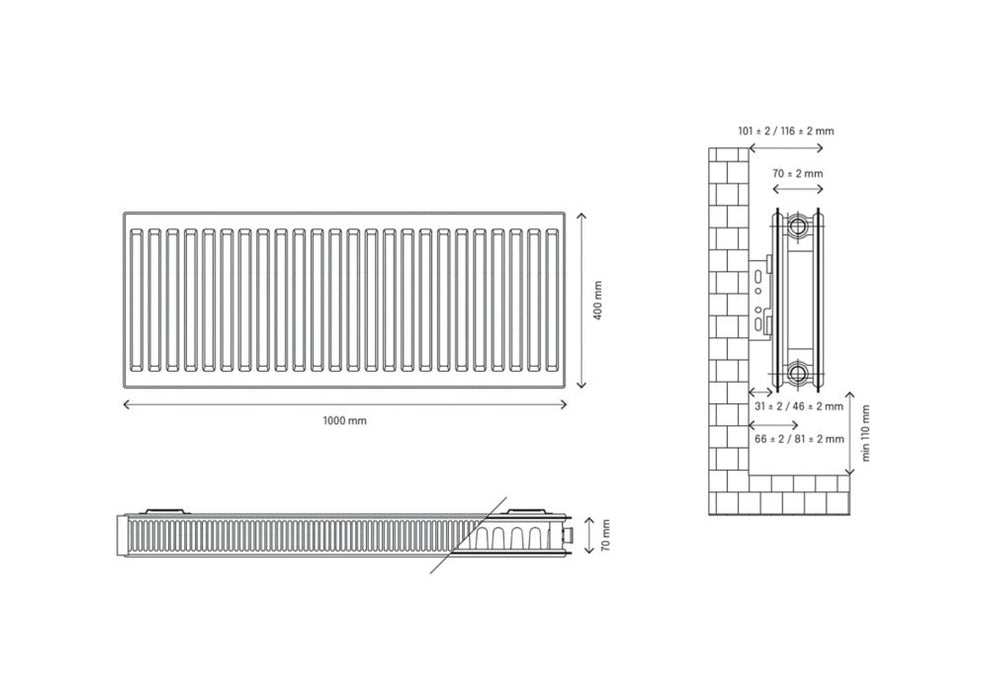 Radiateur eau chaude à double panneau plus Flomasta type 21 400 x 1000mm blanc