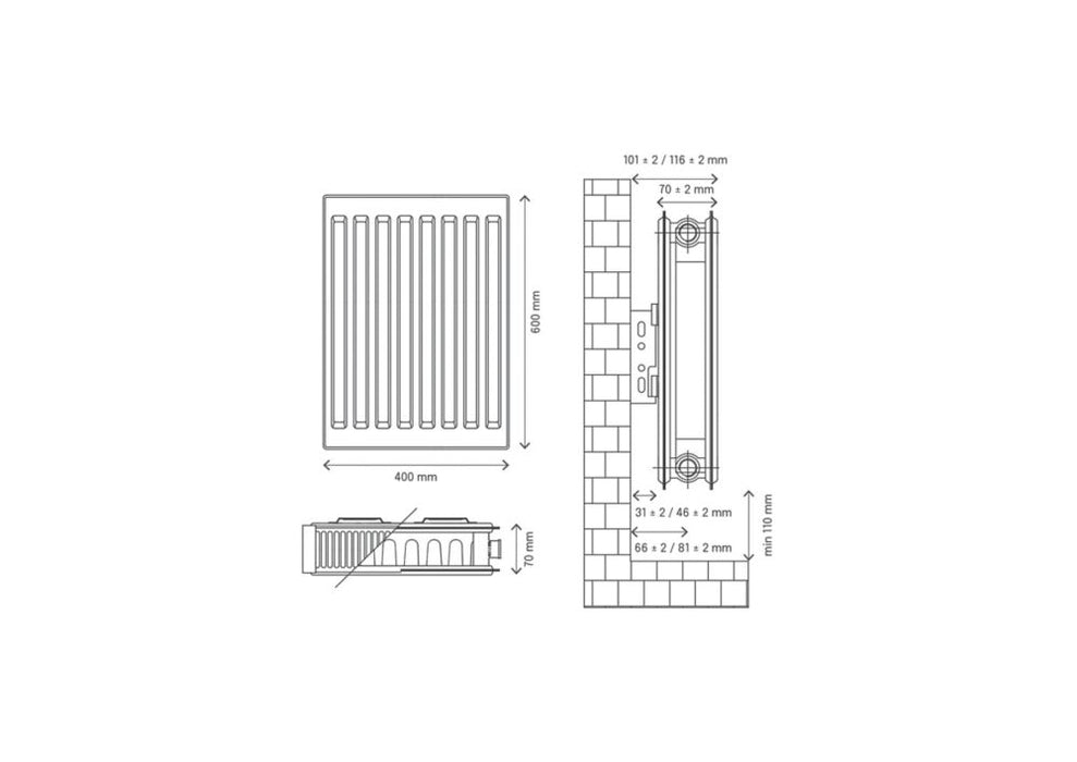 Radiateur eau chaude à double panneau plus Flomasta type 21 600 x 400mm blanc