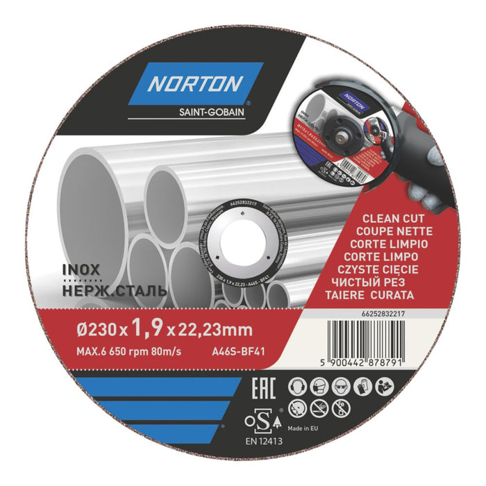 Norton, disco de corte metálico para acero inoxidable de 9" (230 mm) x 1,9 mm x 22,2 mm