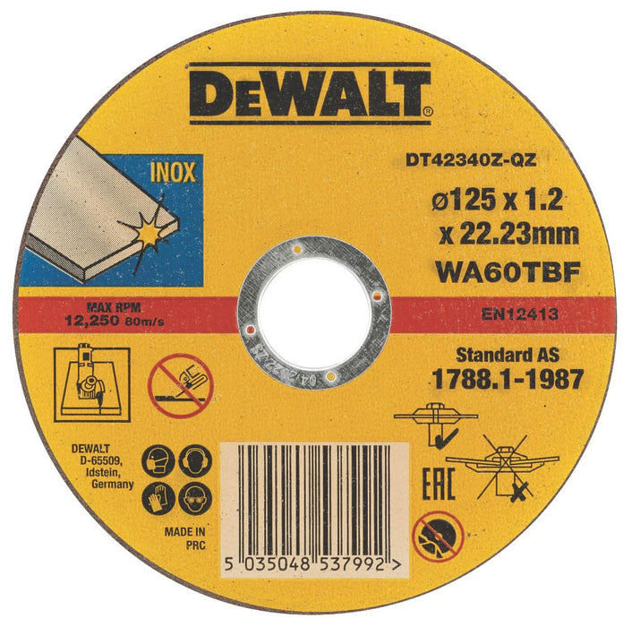 DeWalt, discos de corte para acero inoxidable DT42340TZ-QZ 5" (125 mm) x 1,2 x 22,23 mm, pack de 10
