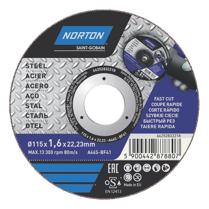 Lot de 5 disques à tronçonner pour métal Norton 4½" (115mm) x 1,6 x 22,23mm