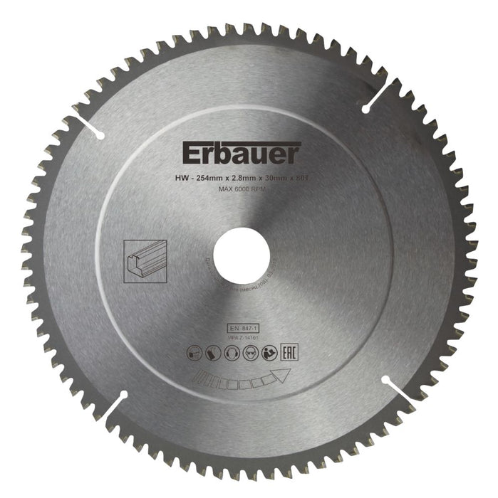 Erbauer, hoja de sierra TCT para aluminio de 254 x 30 mm 80T