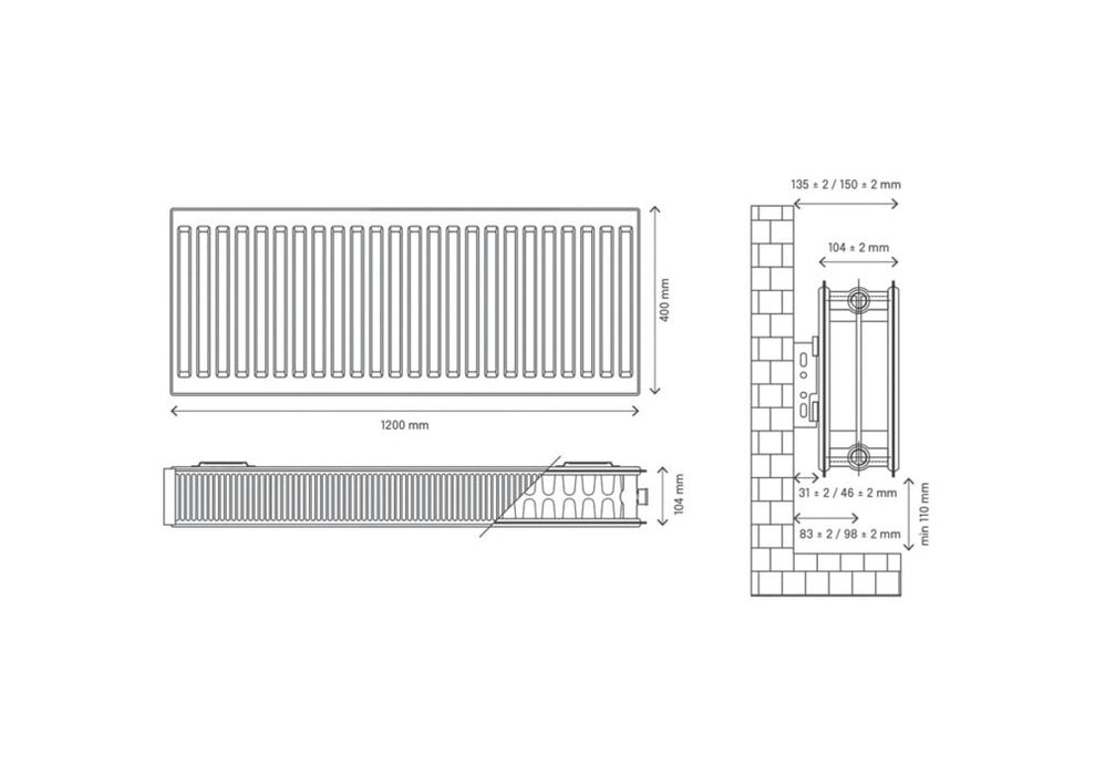 Flomasta  Type 22 Double-Panel Double Convector Radiator 400 x 1200mm White 4987BTU