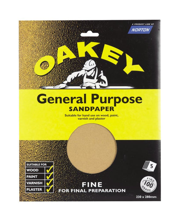 Oakey   Glass Paper Unpunched 280 x 230mm 100 Grit 5 Pack