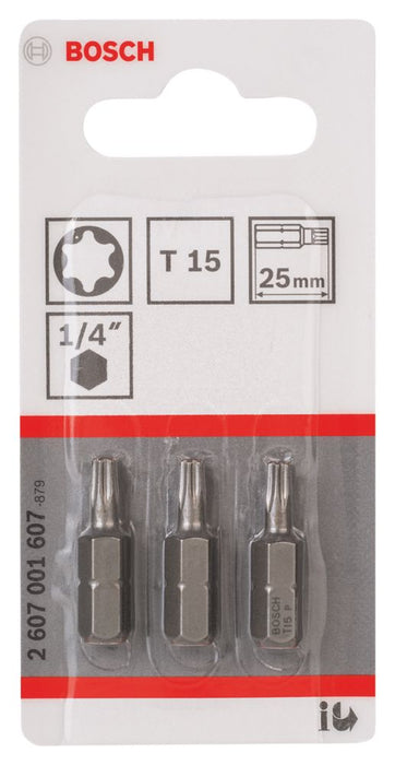 Bosch, puntas para destornillador TX15 con vástago hexagonal de 1/4" de 25 mm, pack de 3