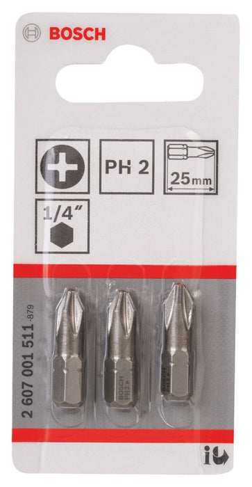 Bosch, puntas para destornillador PH2 con vástago hexagonal de 1/4" de 25 mm, pack de 3
