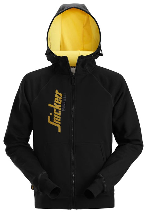 Snickers Logo, sudadera con capucha y cremallera de recorrido completo, negro/amarillo, talla M (pecho 39")