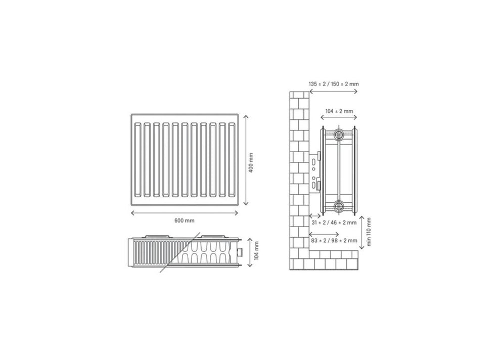 Radiateur eau chaude à double panneau Flomasta type 22 400 x 600mm blanc