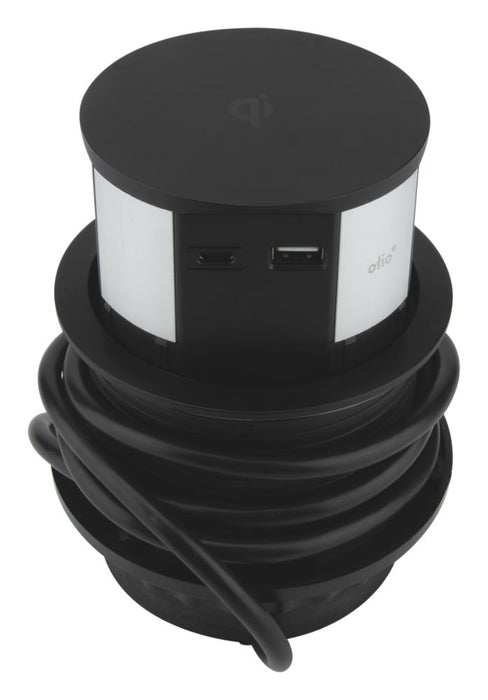 Otio - Bloque de carga por inducción retráctil no conmutado, 3 enchufes, USB, negro, 16 A/3 A, 1,5 m