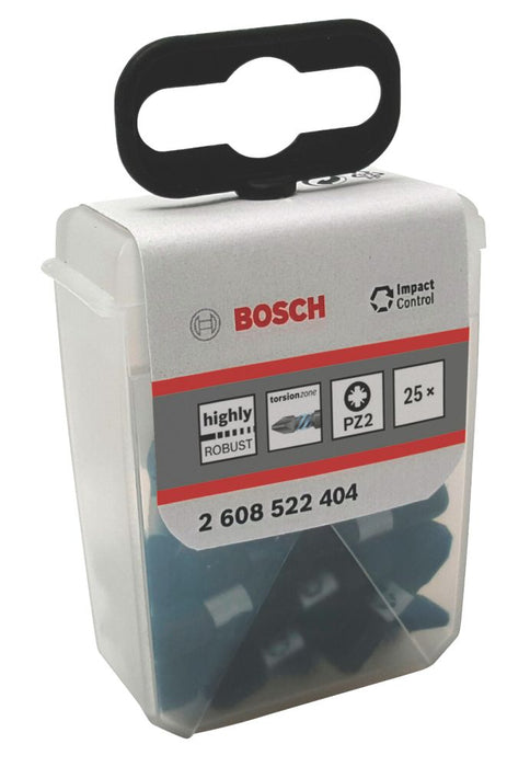 Bosch, puntas para destornillador PZ2 con vástago hexagonal de 1/4" de 25 mm, pack de 25
