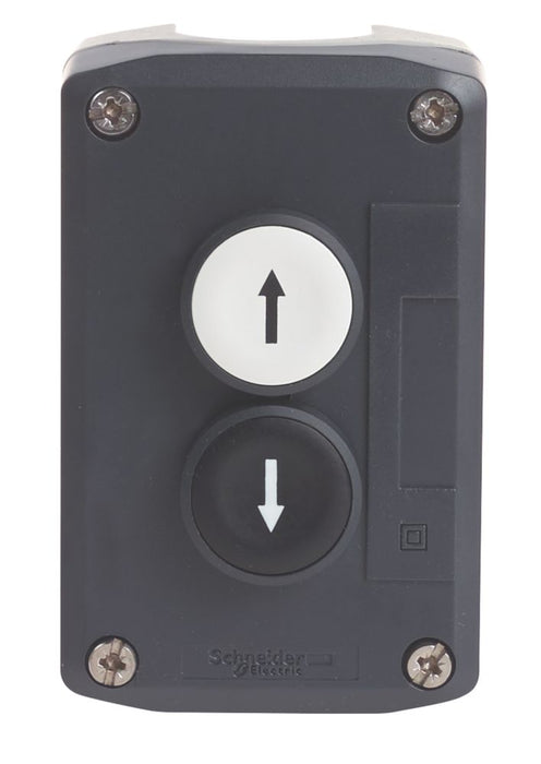Kompletna kaseta Schneider Electric XALD222 dwubiegunowa z przyciskami płaskimi i zestykiem rozwiernym