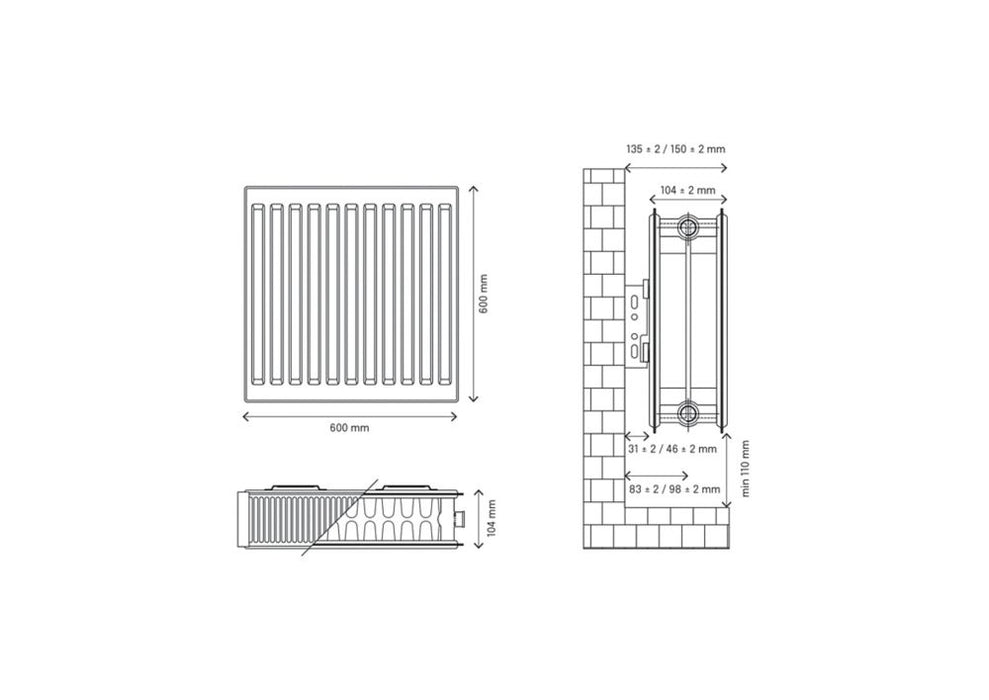 Grzejnik konwektorowy typu 22 dwupłytowy z podwójnym ożebrowaniem Flomasta 600 x 600 mm biały 3499 BTU