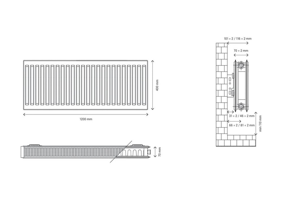 Flomasta  Type 21 Double-Panel Plus Single Convector Radiator 400 x 1200mm White 3918BTU