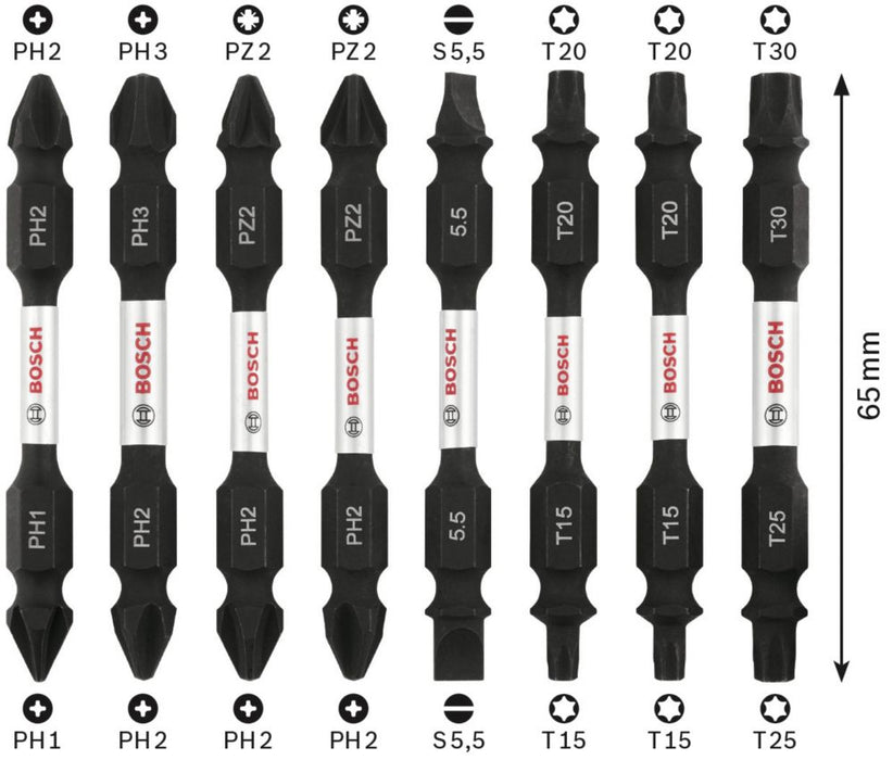 Bosch, puntas de destornillador de doble extremo de control percutor variadas con vástago hexagonal de 1/4" Pick and Click, juego de 8 piezas