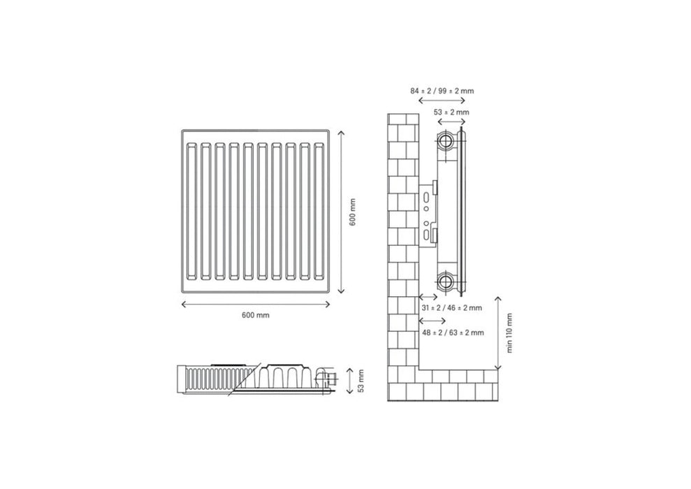 Radiateur eau chaude à simple panneau Flomasta type 11 600 x 600mm blanc