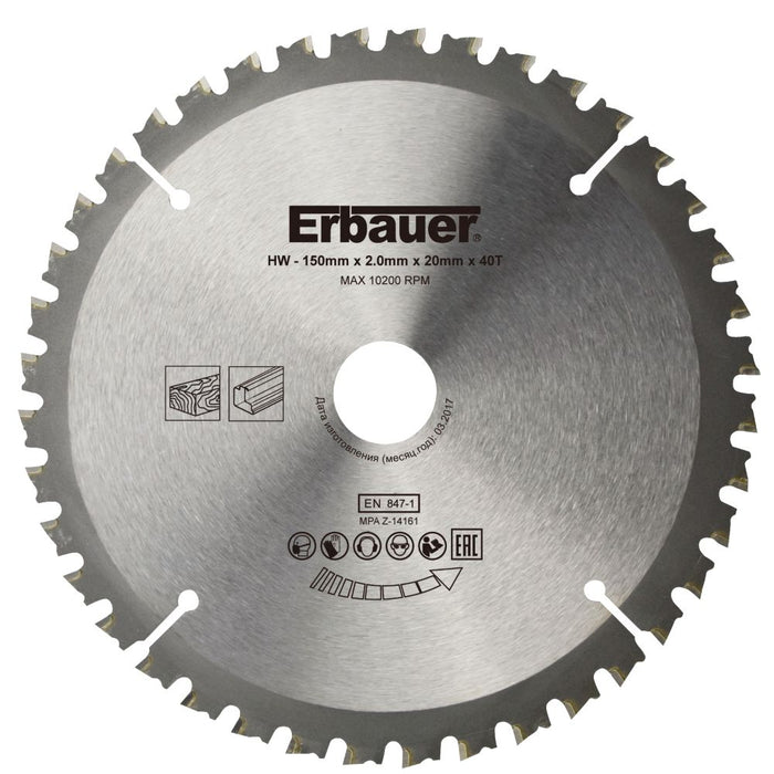 Erbauer, hoja de sierra circular para madera, metal, plástico y placas de yeso de 150 x 20 mm, 40 T