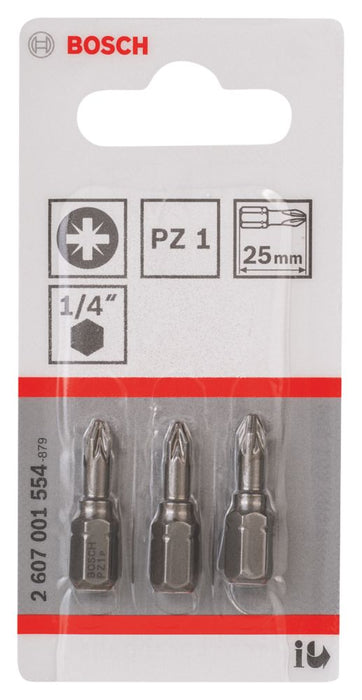 Bosch, puntas para destornillador PZ1 con vástago hexagonal de 1/4" de 25 mm, pack de 3